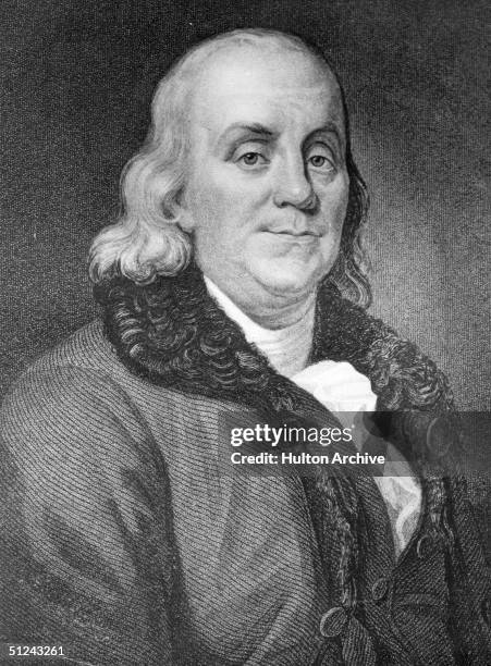 Circa 1750, Benjamin Franklin American statesman, writer and scientist. Original Artwork: Engraving by J Thomson from an original picture by JA...