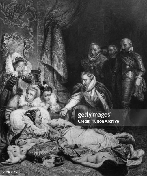 24th March 1603, The death of Queen Elizabeth I in London, surrounded by her loyal courtiers. Original Artwork: An engraving by C W Sharpe after a...