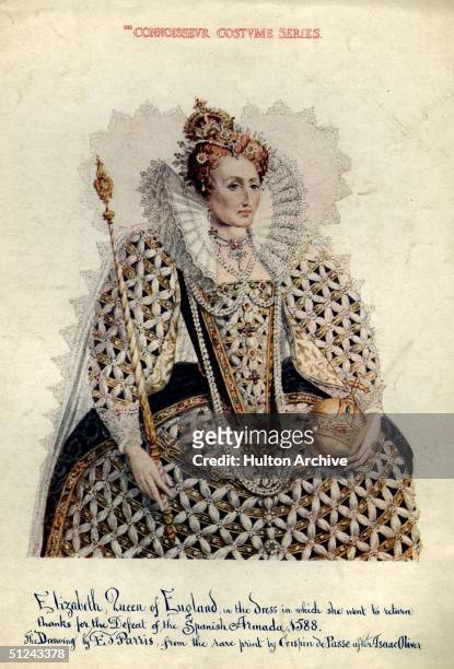Queen Elizabeth I of England in a dress worn to a ceremony to thank her navy for the defeat of the Spanish Armada.