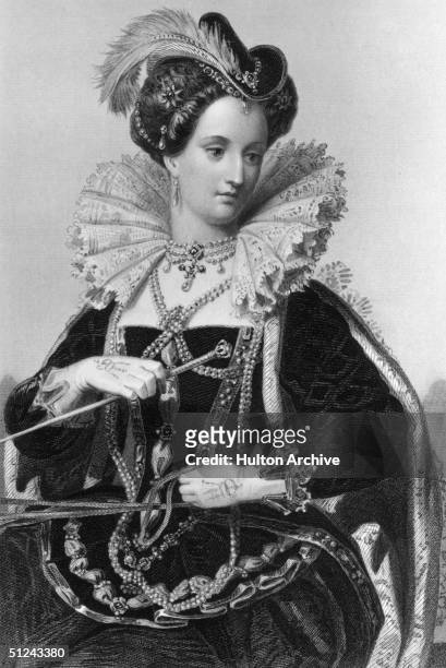 Circa 1565, Queen Elizabeth I of England , daughter of King Henry VIII and Anne Boleyn holding a sceptre in one hand and a horse's reins in the...