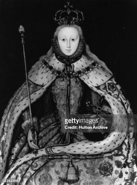Circa 1565, Queen Elizabeth I clad in regal ermine and holding symbols of office. Acknowledgement to the Earl of Warwick. Original Artist: By Gwilym...