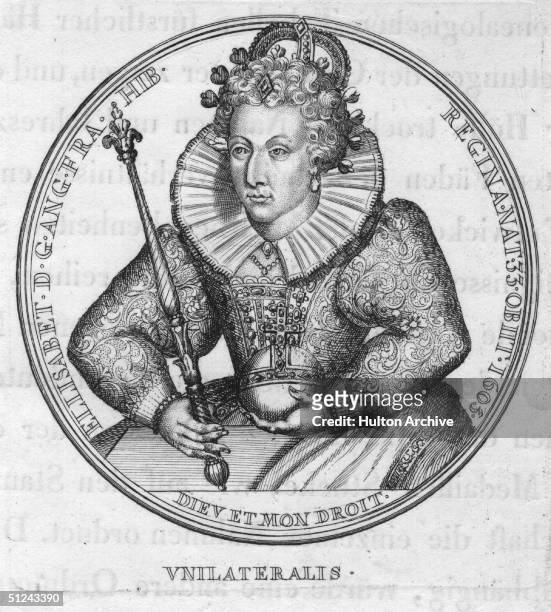 Circa 1603, Queen Elizabeth I. Circumference of etching inscribed with words, ' ELIZABET D G ANG FRA HIB REGINA NAT 33 OBIT 1603 DIEU ET MON DROIT'....