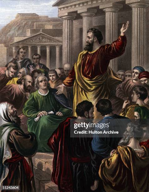 Circa 50 AD, Saint Paul preaching Christianity to the Athenians.