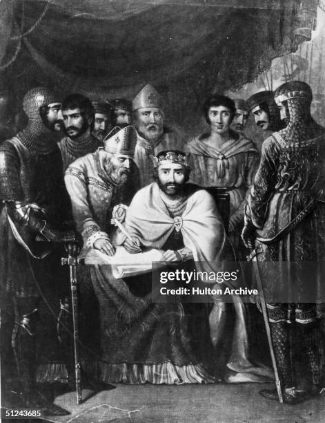 King John of England, signing the Magna Carta at Runnymede near Windsor.