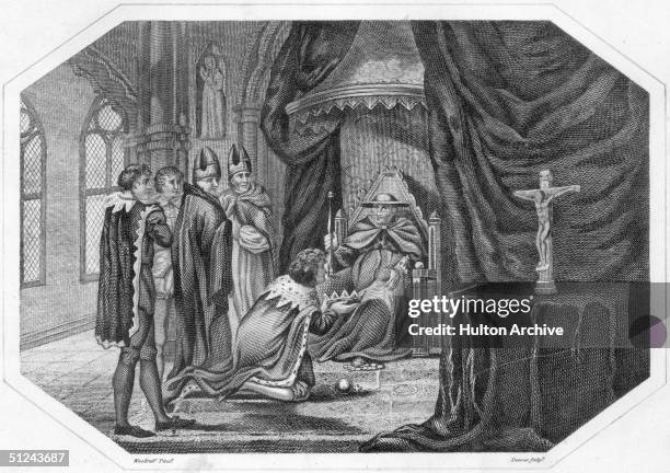 King John of England resigning his crown to the Pope's Legate during the signing of the Magna Carta.
