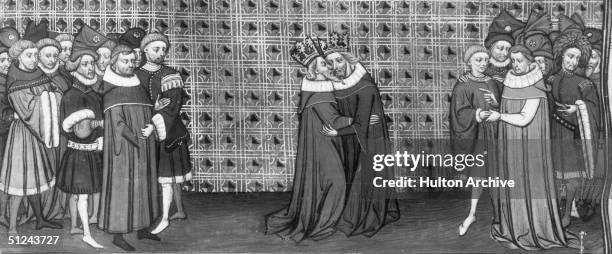 Edward III , King of England embracing King Philip VI of France at the time of the truce they formed to end the 100 Years War.