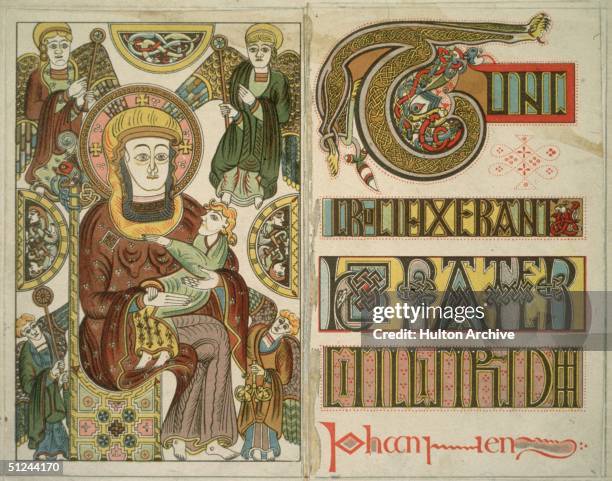 Circa 800 AD, A manuscript from the illuminated gospel known as the Book of Kells, thought to have been created by Irish monks from the scriptorium...