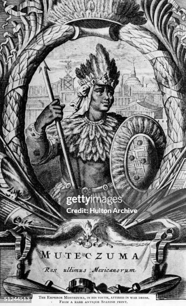 Circa 1500, Montezuma II , the last Aztec emperor of Mexico, brandishing a spear and shield. He was a distinguished warrior and legislator, with a...