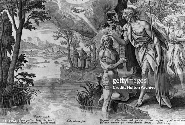 Circa 1650, The baptism of Christ in the River Jordan by John the Baptist. Original Publication: From Theatre Biblicum by Johann Fischer.