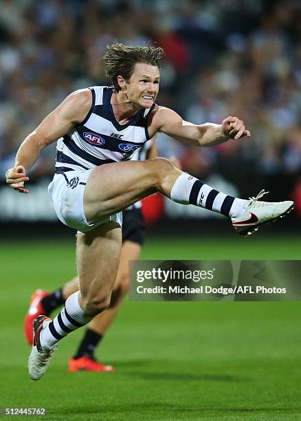 Patrick Dangerfield of the Cats kicks the ball during the 2016 NAB Challenge match between the Geelong Cats and the Collingwood Magpies at Simonds...