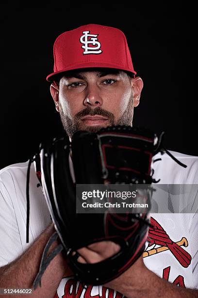 Jordan Walden of the St. Louis Cardinals poses for a photograph at Spring Training photo day at Roger Dean Stadium on February 25, 2016 in Jupiter,...