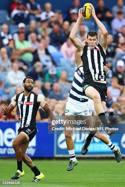 Mason Cox of the Magpies marks the ball over Harry Taylor of the Cats during the 2016 NAB Challenge match between the Geelong Cats and the...