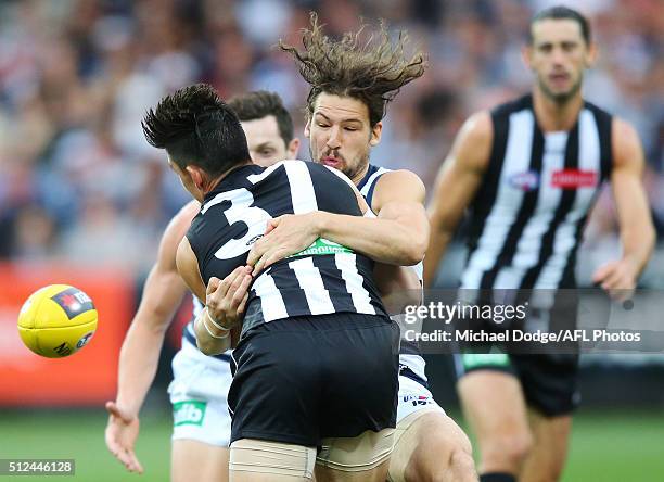 Josh Cowan of the Cats tackled Brayden Maynard of the Magpies during the 2016 NAB Challenge match between the Geelong Cats and the Collingwood...