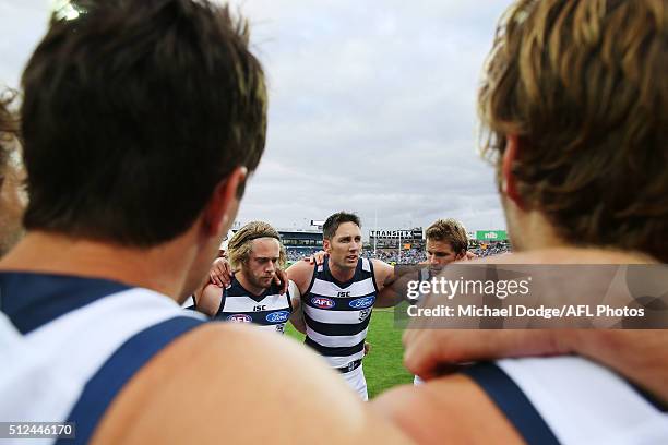 Harry Taylor of the Cats speaks to teammates in the huddle during the 2016 NAB Challenge match between the Geelong Cats and the Collingwood Magpies...