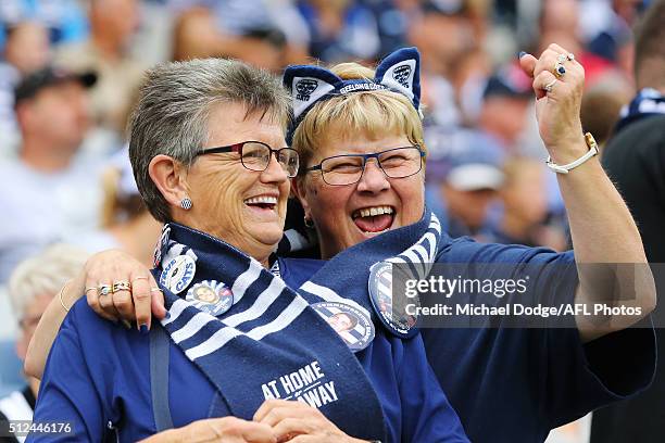 Cats fans show their support during the 2016 NAB Challenge match between the Geelong Cats and the Collingwood Magpies at Simonds Stadium on February...