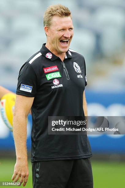 Magpies head coach Nathan Buckley reacts during the 2016 NAB Challenge match between the Geelong Cats and the Collingwood Magpies at Simonds Stadium...