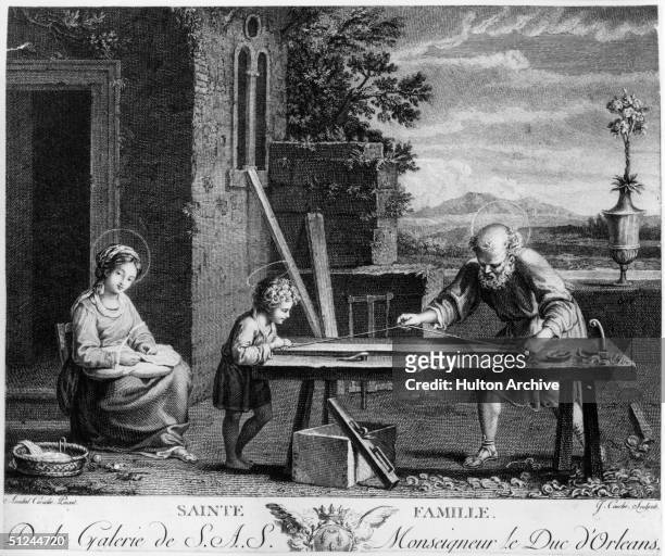 Circa 6 AD, The Holy family at work at Joseph's carpentry shop.