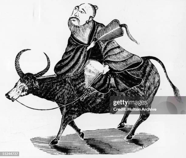 Circa 550 BC, Laotsze, Chinese philosopher and founder of Taoism riding an ox.