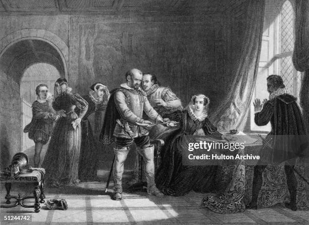 24th July 1567, Mary, Queen of Scots , being compelled to sign her abdication, at Lochleven Castle. Original Artwork: Engraving by T Brown from a...