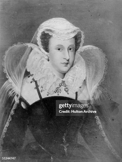 Circa 1568, Mary, Queen of Scots, , at Hampton Court. Original Artwork: Painting by Daniel Mytens, .