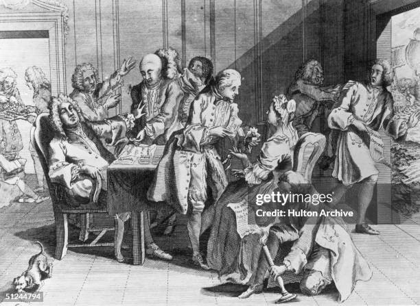 Captain Jenkins shows British Prime Minister Robert Walpole his severed ear, which he claims the Spanish cut off, while other merchants complain of...