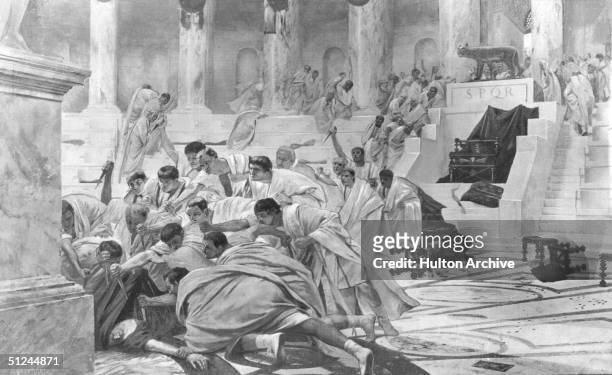 15th March 44 BC, The assassination of Roman dictator Julius Caesar by conspirators led by Brutus and Cassius. Original Artist: By Roche-Grosse