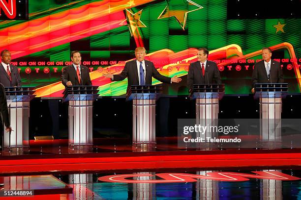 Pictured: Republican presidential candidates Ben Carson, Florida Sen. Marco Rubio , Donald Trump, Texas Sen. Ted Cruz and Ohio Gov. John Kasich at...