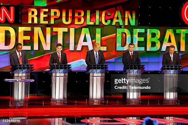Pictured: Republican presidential candidates Ben Carson, Florida Sen. Marco Rubio , Donald Trump, Texas Sen. Ted Cruz and Ohio Gov. John Kasich at...