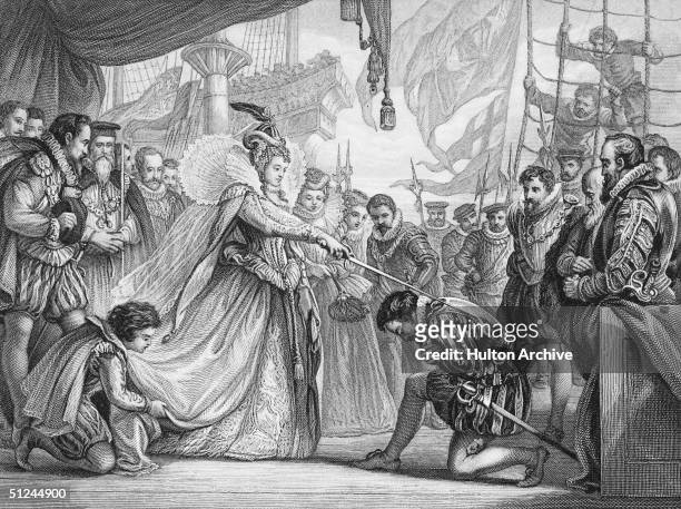 4th April 1581, Queen Elizabeth I of England knights explorer Sir Francis Drake on board his ship, the Golden Hind at Deptford. Drake returned in...