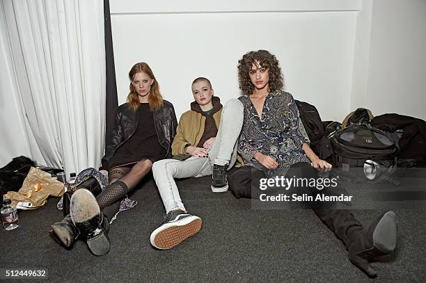 Ruth Bell and models are seen backstage ahead of the Etro show during Milan Fashion Week Fall/Winter 2016/17 on February 26, 2016 in Milan, Italy.