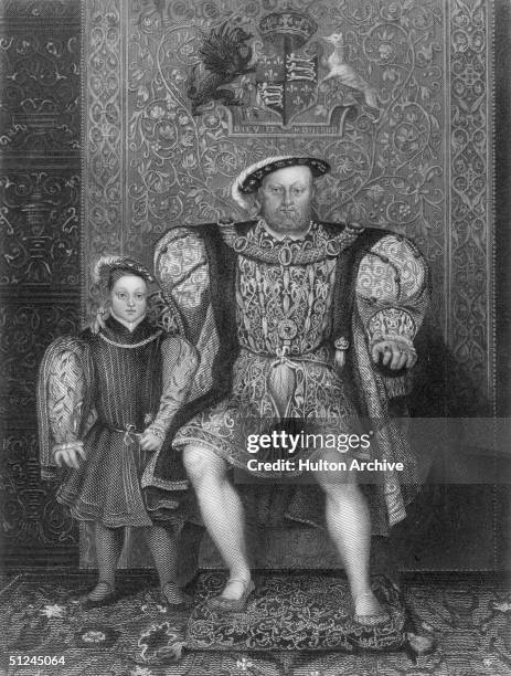 Circa 1547, King of England, Henry VIII with Prince Edward , his son by his third wife, Jane Seymour. Above them are the coat of arms of the Tudor...