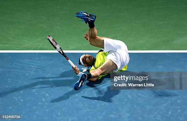 Marcos Baghdatis of Cyrus in action during his semi final match against Feliciano Lopez of Spain on day seven of the ATP Dubai Duty Free Tennis...
