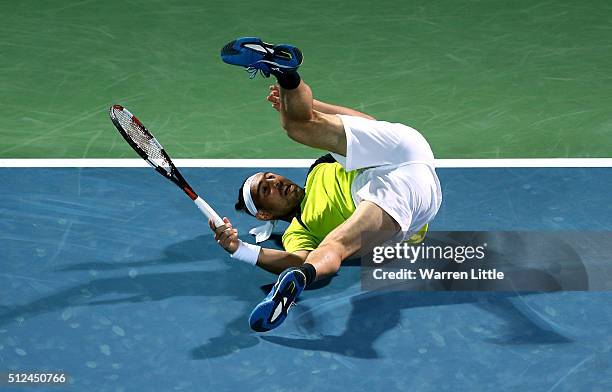 Marcos Baghdatis of Cyrus in action during his semi final match against Feliciano Lopez of Spain on day seven of the ATP Dubai Duty Free Tennis...
