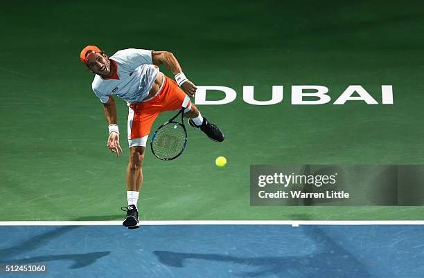 Feliciano Lopez of Spain in action during his semi final match against Marcos Baghdatis of Cyrus on day seven of the ATP Dubai Duty Free Tennis...