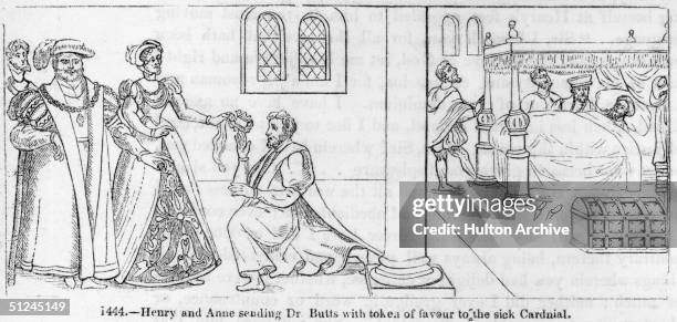 Circa 1530, King Henry VIII and Queen Anne sending court physician Dr Butts with a token of favour to the Chancellor, Cardinal Wolsey who is ill in...