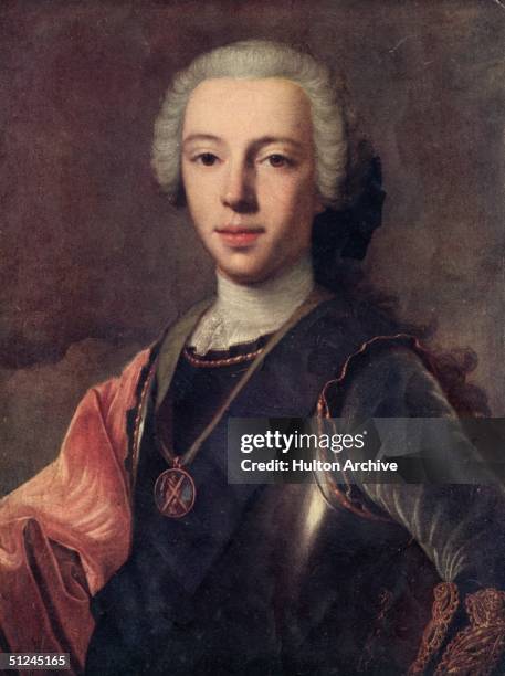 Circa 1740, Prince Charles Edward Stuart . Grandson of James II of England. Known as 'Bonnie Prince Charlie' and the 'Young Pretender'. Original...