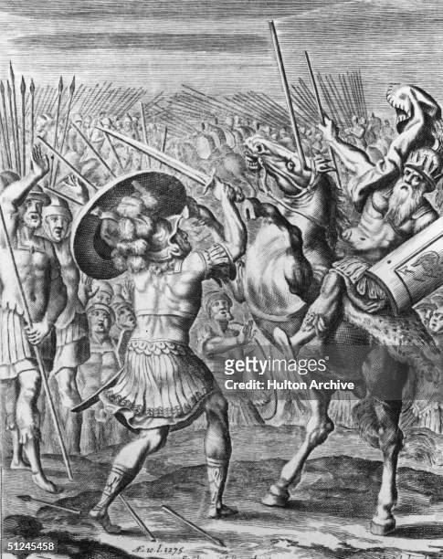 Battle scene in 1275 at which Llewellyn Ap Griffeth, , Prince of Wales , was defeated by English King Edward I to whom he refused to pay homage. He...