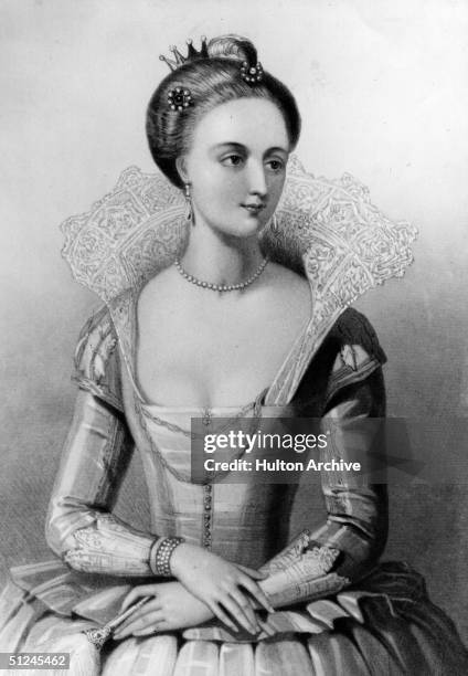 Circa 1589, Anne of Denmark, , queen of Scotland and England. She was the wife of King James VI and I; they married in 1589. Original Artwork:...