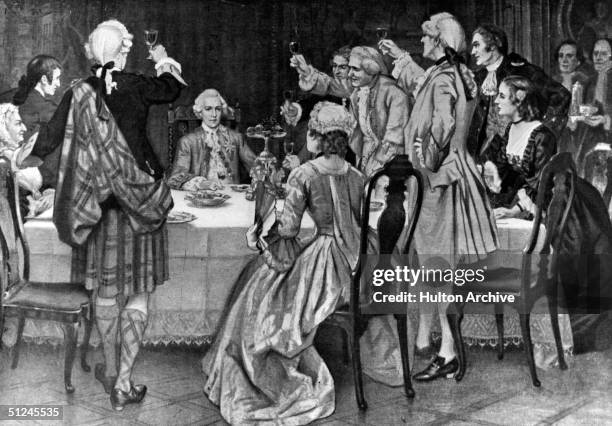 Circa 1745, Charles Edward Louis Philip Casimir Stuart also known as the Young Pretender and Bonnie Prince Charlie is toasted by supporters at the...