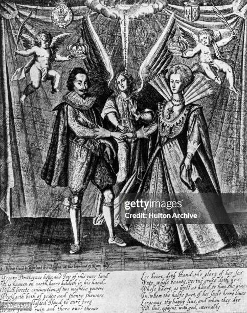 Circa 1625, The marriage of the King Charles I of Great Britain and Princess Henrietta Maria of France , who became queen consort. Original Artwork:...