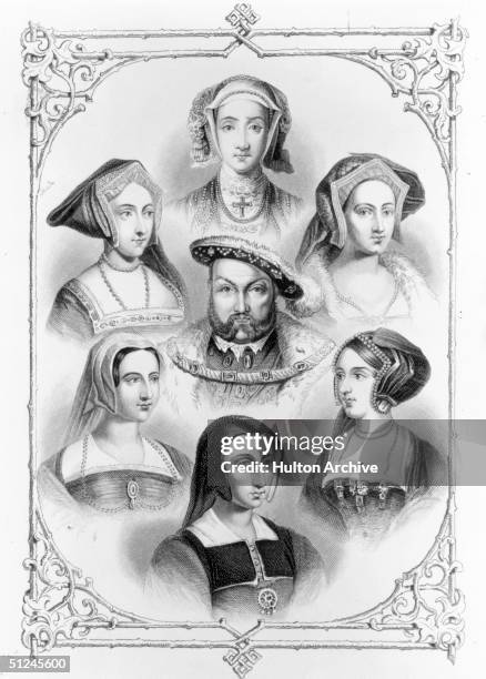 Circa 1530, Henry VIII surrounded by his six wives, clockwise from top, Anne of Cleves, Catherine Howard, Anne Boleyn, Catherine of Aragon, Catherine...