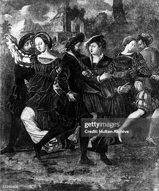 Circa 1530, 'The Dancing Picture', depicting Tudor men and women dancing together in a meadow. The figures were identified in an auction catalogue as...