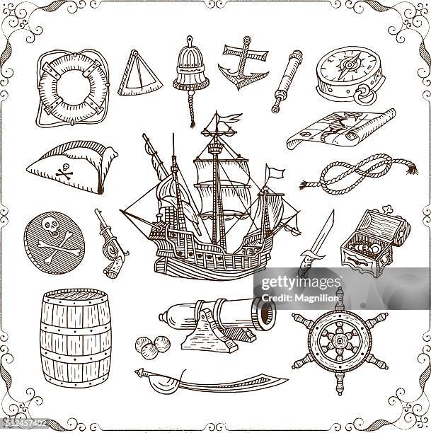 illustrations, cliparts, dessins animés et icônes de la mer et crayonnages ensemble - coffre en bois