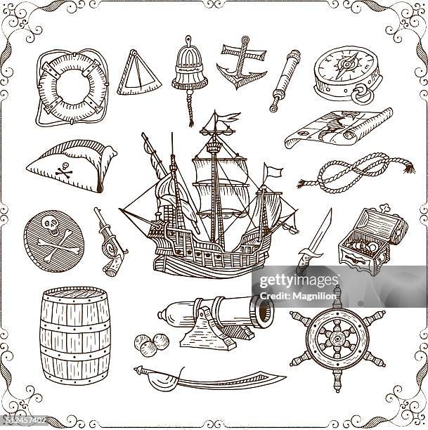 old sea doodles set - rudder stock illustrations