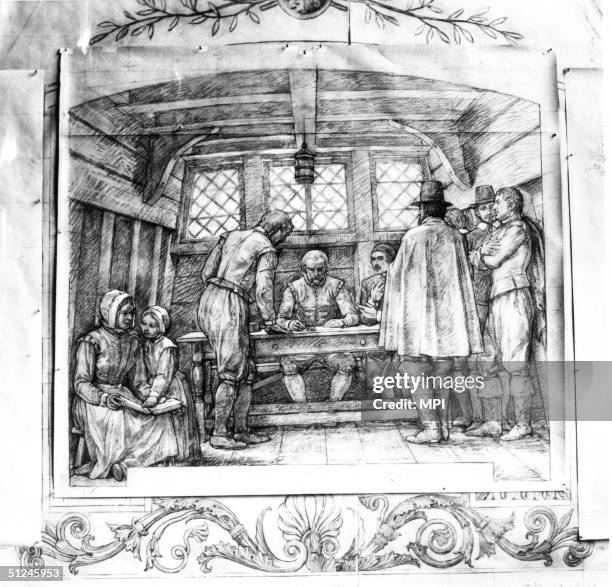 Pilgrim leaders sign the compact document in one of the Mayflower's cabins, while the ship is anchored in Provincetown Harbor, Massachusetts, 11th...