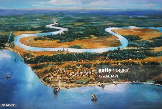 Circa 1615, The village of Jamestown, situated in the James River, Virginia - the first permanent English settlement in America. A painting by...