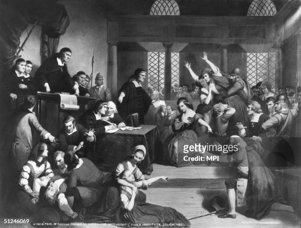 Circa 1692, The trial of George Jacobs for witchcraft at the Essex Institute in Salem, Massachusetts.
