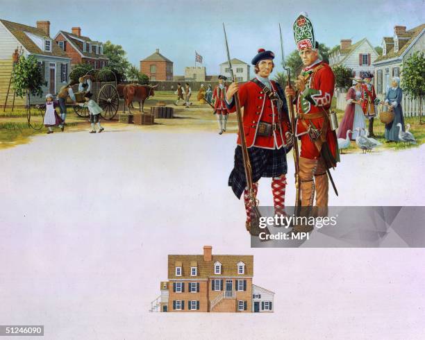Circa 1740, Two soldiers drafted in to defend Georgia in the struggle against Spain from 1739 On the left is a private of the Highland Independent...