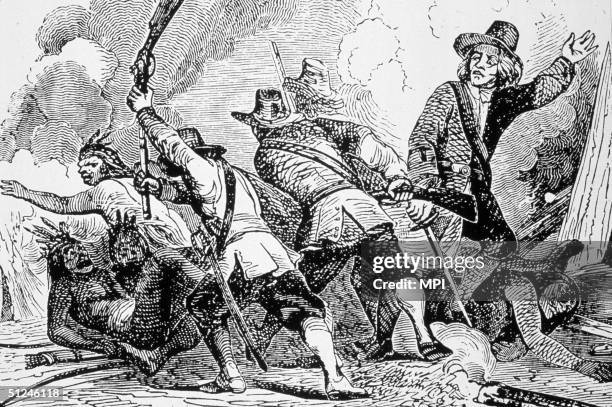 English puritan settlers fighting the Pequot in the first major war between native Americans and settlers.