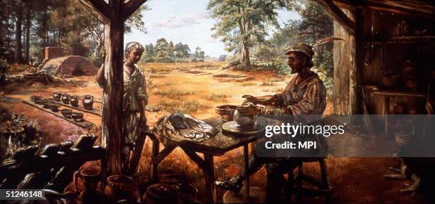 Circa 1610, A potter in Jamestown, Virginia crafts another vessel on his wheel.
